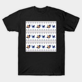 Gold And Blue Birds Pattern T-Shirt